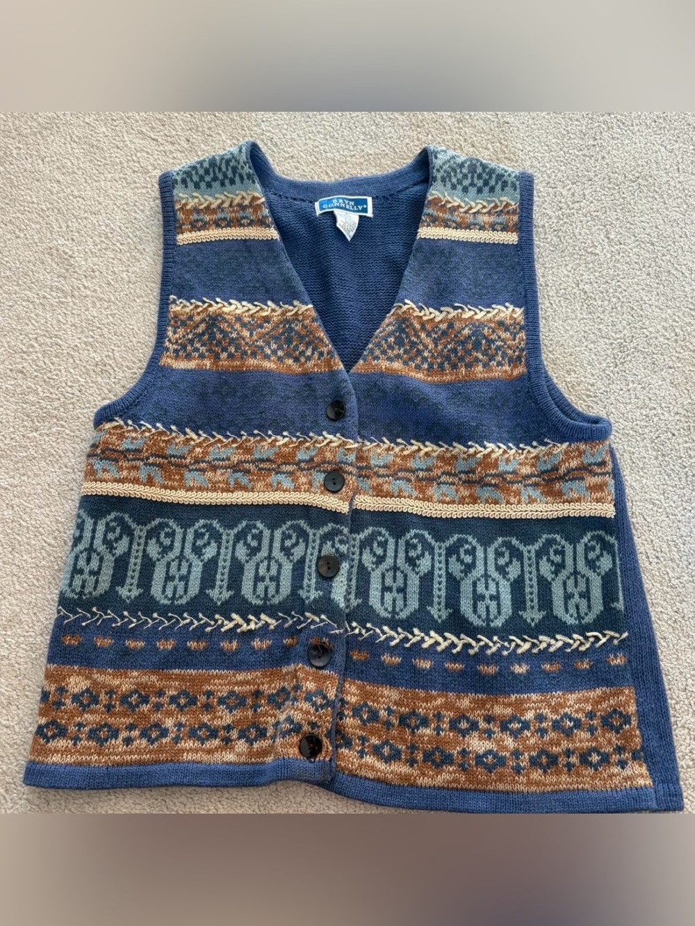 Vintage Knit Sweater Vest Blue & Tan Patterned Size Small
